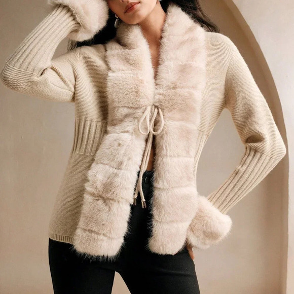 Khaki Casual Women's Elegant Faux Fur Knitted Cardigan Sweater - Picture 6 of 8